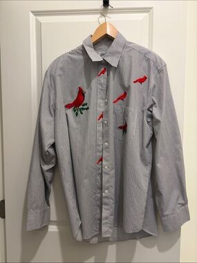 Men's Long-Sleeve Pinstripe Button-Down Shirt with Red Cardinal Embroidery